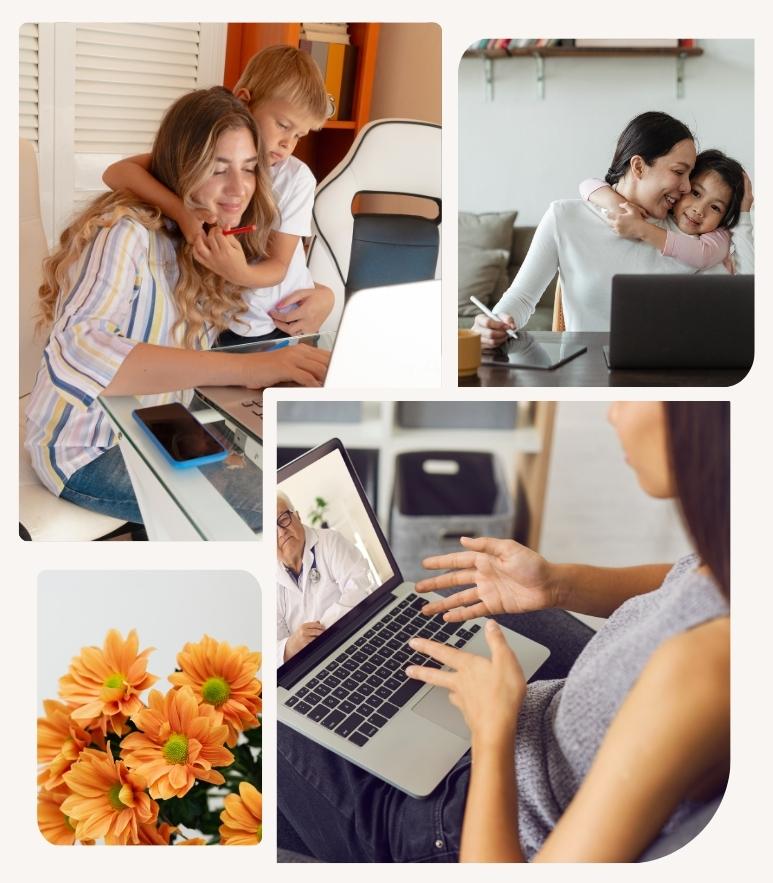 Women and families using virtual care at home—smiling with children, working from laptops, and speaking with licensed providers during online health visits. Bright, calming flowers symbolize comfort and support.